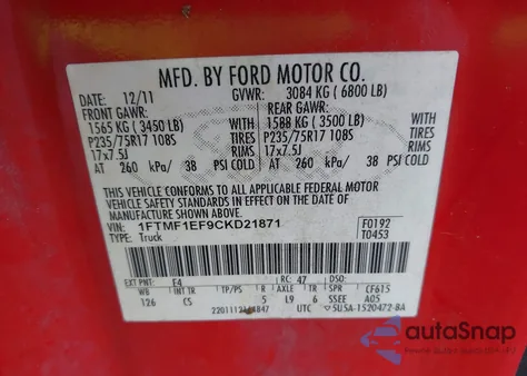 2012 Ford F-150 Xl z USA, uszkodzony, nr VIN 1FTMF1EF9CKD21871